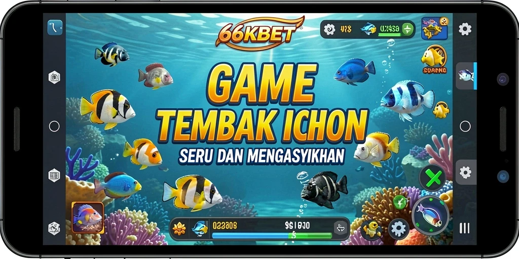 Screenshot gameplay 66KBET menampilkan momen seru menembak ikan berwarna-warni.