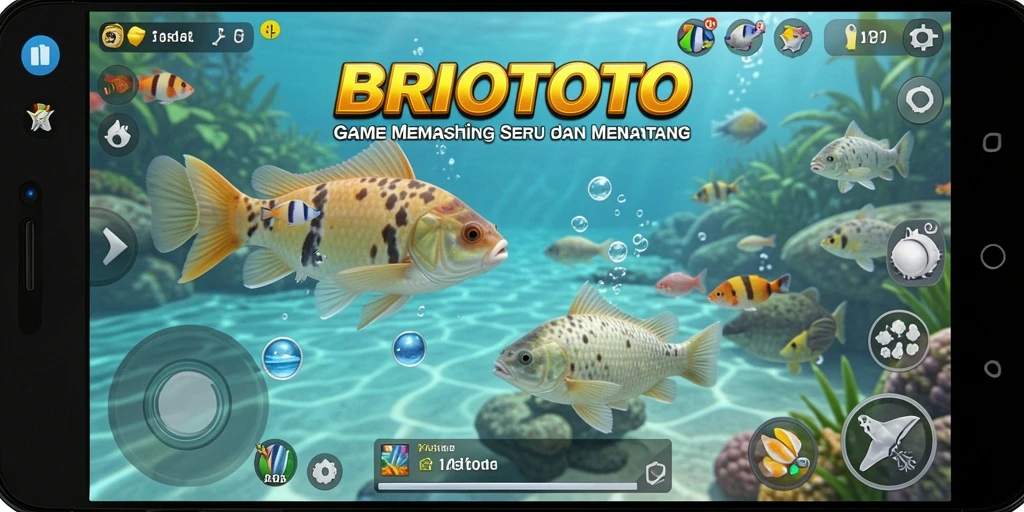 Screenshot BRIOTOTO menampilkan aksi memancing yang seru di berbagai lokasi.