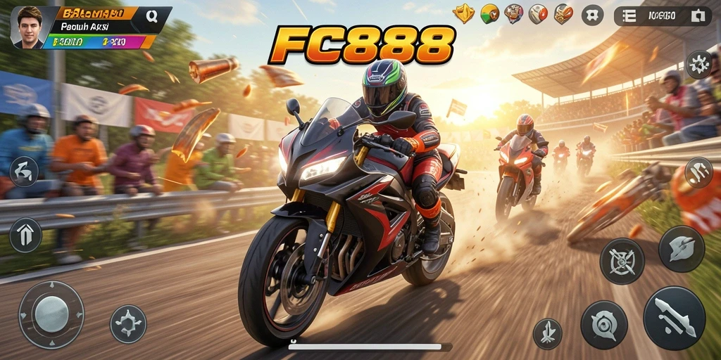 Gameplay seru dengan motor balap yang melaju kencang di lintasan.