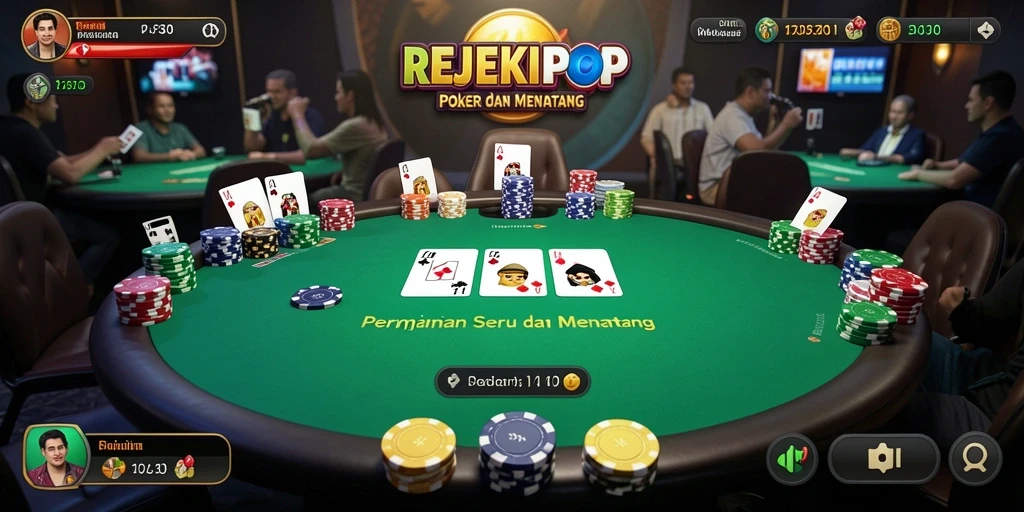 Screenshot menampilkan gameplay seru dari REJEKIPOP dengan suasana Poker yang mendebarkan.