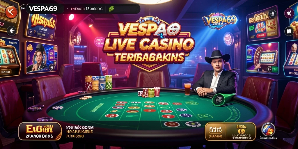 Screenshot VESPA69 menampilkan dealer langsung yang berinteraksi dengan pemain.