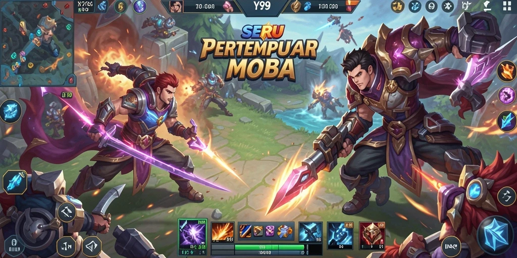 Screenshot menunjukkan pertempuran epik dalam game Y89 dengan hero yang beraksi.